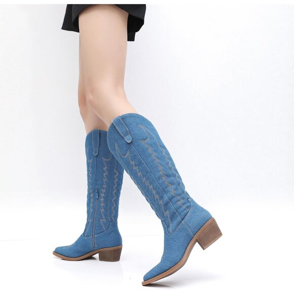 Women's Blue Knee High Long Pointed Toe With Zip Western Cowboy Boots - Picture 7 of 8